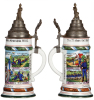 Two Regimental steins, .5L, 11.7" ht., porcelain, 9. Komp. bayr. Inft. Regt. Nr. 21 u. 23., Eichstätt  u. Germersheim, 1911 - 1913, four side scenes, roster, lion thumblift, named to: Infanterist Johann Drechsler, screw-off finial, poorly repaired pewter - 2