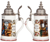 Three porcelain steins, .5L, transfer & hand-painted, Occupational Schmiede [Blacksmith], pewter lid, mint; with, .5L, transfer & hand-painted, Occupational Schreiner [Carpenter], pewter lid, faint lithophane lines, otherwise mint; with, .4L, transfer & h - 4