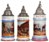 Three porcelain steins, .5L, transfer & hand-painted, Occupational Schreiner [Carpenter], pewter lid, mint; with, .5L, transfer & hand-painted, Occupational Säger [Saw Operator], pewter lid, factory glaze flaw [spot] on base, mint; with, .5L, transfer & h