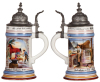 Three porcelain steins, .5L, transfer & hand-painted, Occupational Hufbeschlagschule [Blacksmith School], pewter lid, mint; with, Occupational Kaminkehrer [Chimney Sweeper], Stuttgart 1915, pewter lid, deep lithophane line, small wear on red band; with, O - 2