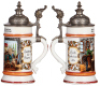 Three porcelain steins, .5L, transfer & hand-painted, Occupational Hufbeschlagschule [Blacksmith School], pewter lid, mint; with, Occupational Kaminkehrer [Chimney Sweeper], Stuttgart 1915, pewter lid, deep lithophane line, small wear on red band; with, O - 4