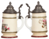 Three porcelain steins, .5L, transfer, Zur Erinnerung, lithophane, pewter lid, mint; with, .5L, transfer, woman, lithophane, pewter lid is an old replaced lid, body mint; with, .5L, hand-painted, windmill, lithophane, .5" base chip in rear. - 2