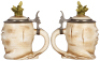 Two Character steins, .5L, porcelain, marked Musterschutz, by Schierholz, Happy Radish, two flakes on finial & Sad Radish, mint.  - 3