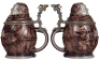 Two Character steins, .5L, stoneware, Monks, first marked M. & W. Gr., purple saltglaze, second marked 61, blue & purple saltglazes, flake on upper rim. - 2