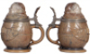Two Character steins, .5L, stoneware, Monks, marked M. & W. Gr., first blue saltglaze, second purple & blue saltglazes, both mint. - 3