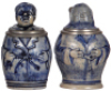Two Character steins, .5L, stoneware, Monks, unmarked, blue saltglaze, first has a base flake, second has a flake on left sleeve.