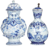 Two steins, Character, 12.5" ht., faience, marked CS 500, Bearded Knight, c.1900, .5" top rim chip, a few flakes, small piece re-glued on lid; with, faience stein, 11.7" ht., French, early 1900s, handle cracks re-glued, small upper rim chip.