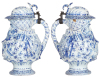 Two steins, Character, 12.5" ht., faience, marked CS 500, Bearded Knight, c.1900, .5" top rim chip, a few flakes, small piece re-glued on lid; with, faience stein, 11.7" ht., French, early 1900s, handle cracks re-glued, small upper rim chip. - 2