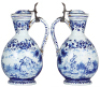 Two steins, Character, 12.5" ht., faience, marked CS 500, Bearded Knight, c.1900, .5" top rim chip, a few flakes, small piece re-glued on lid; with, faience stein, 11.7" ht., French, early 1900s, handle cracks re-glued, small upper rim chip. - 3