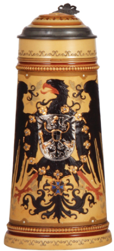 Mettlach stein, 1.0L, 2204, decorated relief, inlaid lid, excellent base chip repair.