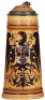 Mettlach stein, 1.0L, 2204, decorated relief, inlaid lid, excellent base chip repair.