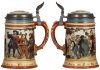 Two Mettlach steins, .5L, 2028, etched, inlaid lid, mint; with, .5L, 1914, etched, the 4F stein, inlaid lid, mint.     - 2