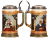Two Mettlach steins, .5L, 2936, etched, Elks, inlaid lid, mint; with, .5L, 2441, etched, The Gamblers, inlaid lid, mint.     - 3