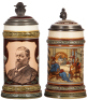 Two Mettlach steins, .5L, 1997, etched & PUG, George Ehret Brewer, inlaid lid, factory firing line on base; with, .5L, 2005, etched, inlaid lid, mint.