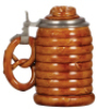 Two Mettlach steins, .5L, 2388, Character, Pretzels, inlaid lid, mint; with, .5L, 2002, etched, original pewter lid: festive scenes, mint. - 2