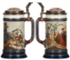 Two Mettlach steins, .5L, 2230, etched, by H. Schlitt, inlaid lid, base repaired; with, .5L, 1995, etched, inlaid lid, inlay repair has some deterioration inside. - 2