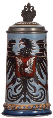Mettlach stein, .5L, 2075, etched, Eisenbahn & Telegraph, inlaid lid, good base chip repair.