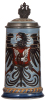 Mettlach stein, .5L, 2075, etched, Eisenbahn & Telegraph, inlaid lid, good base chip repair.