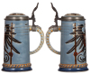Mettlach stein, .5L, 2075, etched, Eisenbahn & Telegraph, inlaid lid, good base chip repair. - 2