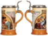 Mettlach stein, 1.0L, 3329, etched & relief, original inlay has been replaced with dark red glass, body mint. - 2