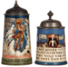 Two Mettlach steins, .5L, 1786, etched, pewter lid, dragon head thumblift chipped, body mint; with, .5L, 2002, etched, original pewter lid, handle breaks glued, hairlines in body.