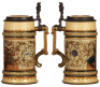 Two Mettlach steins, 1.0L, 1053, etched, inlaid lid, cracked inlay, body mint; with, .5L, 1379, etched, inlaid lid, cracked inlay & cracked handle. - 2