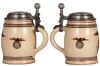 Two Third Reich steins, .5L, pottery, Deutschland Erwache!, pewter lid, pewter strap repaired; with, .5L, pottery, Aufklärungs Gruppe 114, Münster i./m., no lid, chip & hairline on base in rear. A DETAILED PHOTO OF THE BODY & THE LID IS AVAILABLE, PLEASE - 2