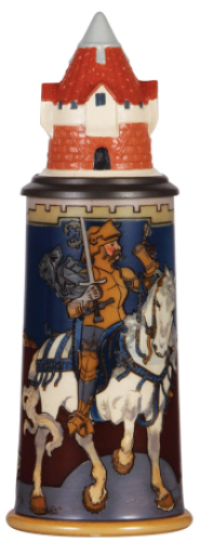 Mettlach stein, 1.0L, 2765, etched, Knight on White Horse, by H. Schlitt, inlaid lid, mint.