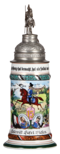 Regimental stein, .5L, 12.1" ht., porcelain, 3. Esk., Dragoner Regt. Nr. 15, Hagenau, 1910 - 1913, four side scenes, roster, eagle thumblift, named to: Reservist Gefrt. Giesen, faint lithophane lines, otherwise mint.
