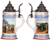 Porcelain stein, .5L, transfer & hand-painted, Occupational Hausdiener [House Servant], Hotel zur Krone, pewter lid, good pewter strap repair, gold bands are worn. From the Etheridge Collection.  - 2