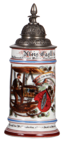 Porcelain stein, .5L, transfer & hand-painted, Occupational Weber [Weaver], pewter lid, excellent pewter strap repair, otherwise mint.  From the Etheridge Collection & pictured in the Occupational Stein Book.