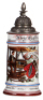 Porcelain stein, .5L, transfer & hand-painted, Occupational Weber [Weaver], pewter lid, excellent pewter strap repair, otherwise mint.  From the Etheridge Collection & pictured in the Occupational Stein Book.