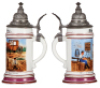 Porcelain stein, .5L, transfer & hand-painted, Occupational Wagner [Wheel Maker], pewter lid, wear to gold bands. From the Etheridge Collection. - 2