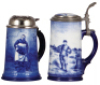 Two porcelain steins, .5L, hand-painted, marked C.A.C. Lenox, Monk, sterling silver lid, good repair of base chips; with, .5L, marked Delft, Rugby game, porcelain inlaid lid, lithophane, mint.