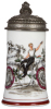 Porcelain stein, .5L, transfer & hand-painted, Deutsche Radfahrer Bund, high-wheel bicycle, relief pewter lid with high-wheel bicycle, pewter tear repaired, body mint.