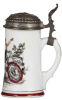 Porcelain stein, .5L, transfer & hand-painted, Deutsche Radfahrer Bund, high-wheel bicycle, relief pewter lid with high-wheel bicycle, pewter tear repaired, body mint. - 2