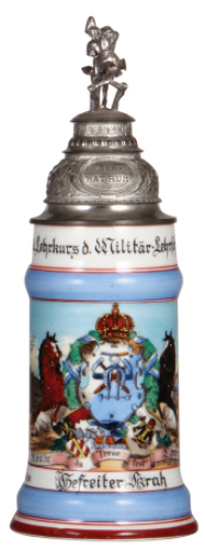 Military stein, .5L, porcelain, 7. Komp., Inft, Regt. 18, Münster, 4. Militar Lehrschmiede, München, 1.4 - 30.9, 1930, pewter lid, mint.