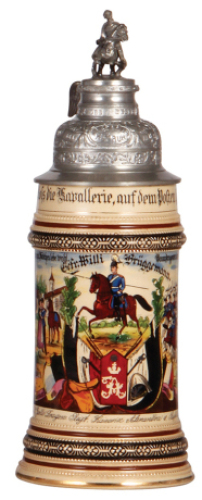 Regimental stein, .5L, 11.1'' ht., pottery, 1. Esk., 2. Garde Dragoner Regt., Berlin, 1907 - 1910, two side scenes, eagle thumblift, roster, named to: Gefr. Willi Brüggemann, mint.