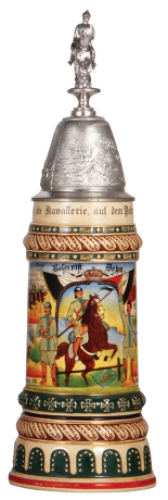 Regimental stein, 1.0L, 15.7" ht., pottery, 1. Esk., Jäger Regt. zu Pferde Nr. 4, Graudenz, 1910 - 1913, four side scenes, roster, eagle thumblift, named to: Reservist Dehn, rare unit, hinge is a little loose, otherwise mint.