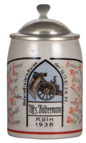 Third Reich stein, .5L, stoneware, Unteroffiziers - Korps der I. R. 77, Köln 1938, owner's name, roster, pewter lid, mint.