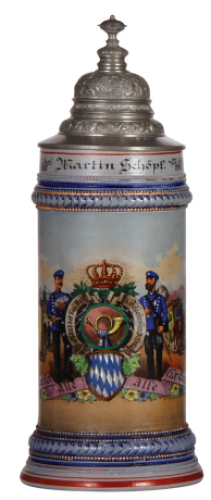 Stoneware stein, 1.0L, transfer & hand-painted, Occupational Post-Telegraphen [Post & Telegraph], pewter lid, mint. From the Etheridge Collection.