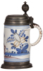 Faience stein, 11.0" ht., mid 1700s, Thüringer Walzenkrug, soldier on a horse, pewter lid & footring, very good condition.  - 2