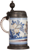 Faience stein, 11.0" ht., mid 1700s, Thüringer Walzenkrug, soldier on a horse, pewter lid & footring, very good condition.  - 3