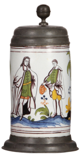 Faience stein, 10.8" ht., mid 1700s, Dorotheenthaler Walzenkrug, pewter lid & footring, small flakes on handle near strap, otherwise very good condition.