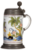 Faience stein, 10.8" ht., mid 1700s, Dorotheenthaler Walzenkrug, pewter lid & footring, small flakes on handle near strap, otherwise very good condition. - 2