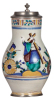 Faience stein, 10.6" ht., late 1700s, Österreichischer Birnkrug, pewter lid & footring, base chip, otherwise very good condition.