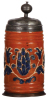 Stoneware stein, 10.3'' ht., early 1700s, Altenburger Walzenkrug, saltglazed, applied relief, blue & white on orange body, pewter lid & footring, medallion on lid is worn, small dents on lid, body very good condition.