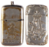 Two Anheuser-Busch match safes, 2.8'' to 3.0'' ht., double-sided design, Anheuser-Busch St. Louis, marked: patent AUG.14.83; with, Anheuser-Busch Brewing, St. Louis, both have a little wear on wording.
