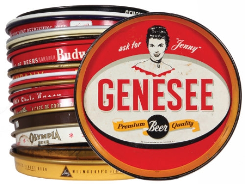 Twenty-two beer trays, 11.0" to 13.0" d., Genesee Premium Beer Quality, Blatz, Milwaukee’s Finest Beer, Pabst Blue Ribbon, Old Stock Ale Porter, Pale Export type Olympia Beer, Light Lager Piels Beer, Christian Feigenspan Brewing Co., Newark, N.J, Schoenho