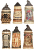 Six Diesinger steins, pottery, .5L, 1007, threading; with, .5L, threading & relief, lid tear; with, .4L, 586, relief; with, .5L, 971, incised, metal lid; with, .5L, 775, relief; with, .5L, 546, relief, faint hairline, most have pewter lids, most good cond